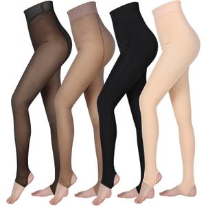 Foaincore 4 Pairs Fleece Lined Tights Women Fleece Lined Leggings Warm Tights Thermal Translucent Leggings for Winter (Stirrup,black, Brown, Nude)