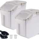 2 Pack Rice Storage Container 25 lbs, Airtight Flour Storage Containers with Lid and Wheels, Measuring Cup & Scoop, BPA Free, Bulk Food Dispenser for Sugar, Grain, Cereal, Dog Food (Grey)