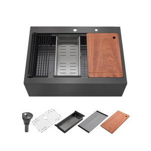 30 Black Drop In Kitchen Farmhouse Sink, Luckyhorse 16 Gauge Nano Black Stainless Steel 30x22x10 Inches Drop in Topmount Workstation Kitchen Farmhouse Sink With Apron Front LH009S