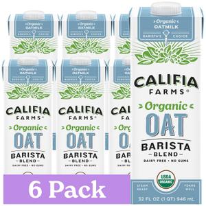 Califia Farms - Organic Oat Barista Blend, 32 oz (Pack of 6), Shelf Stable, Dairy Free, Plant Based, Vegan, Non GMO, Organic Milk, Creamer, Milk Frother, Oatmilk (EXP 08/28/26)
