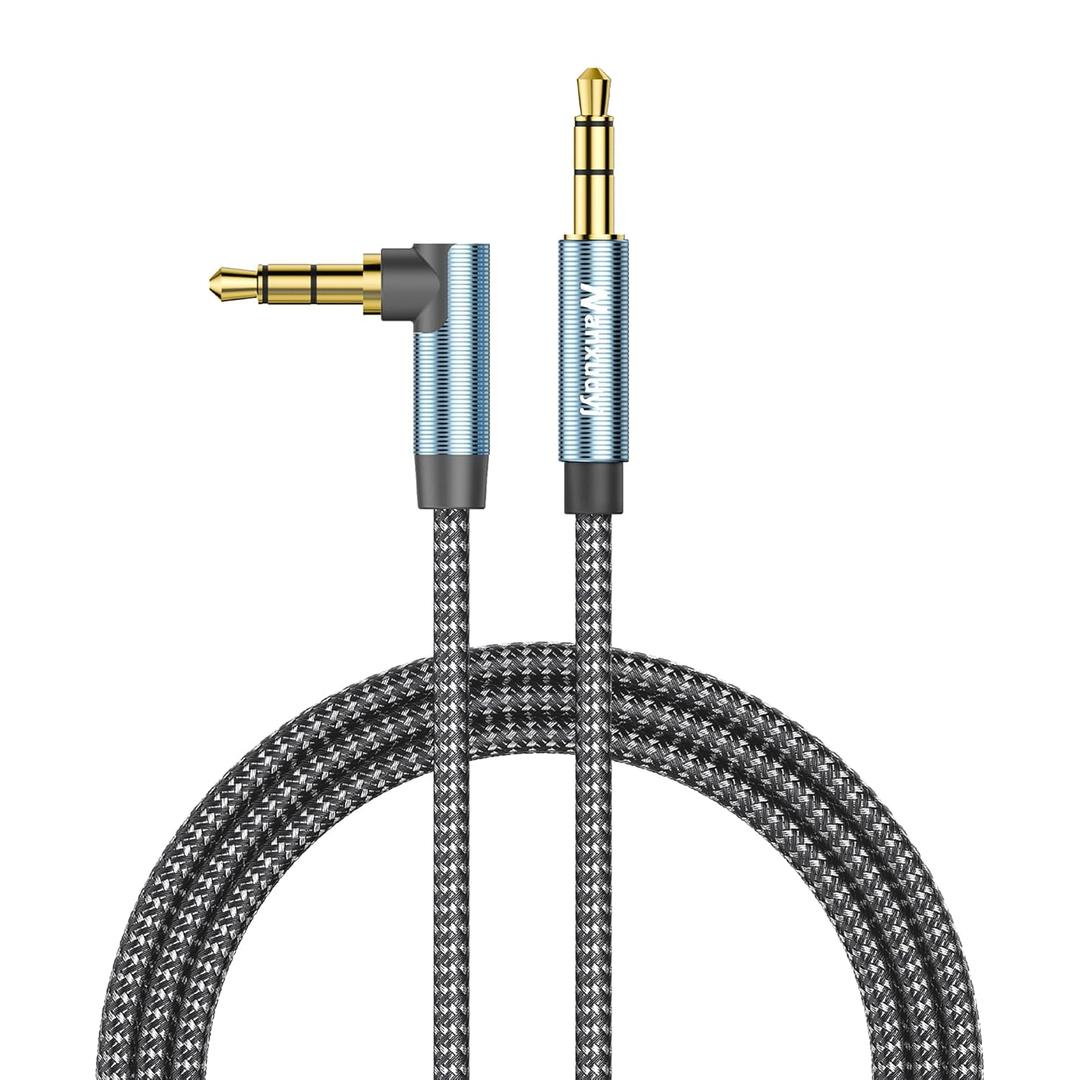 AUX Cord 6ft,3.5mm Stereo Audio Cable 90 Degree Nylon Braided 3.5mm Male to Male Stereo Aux Cables Right Angle TRS Cable Portable Compatible for Headphone, car,Tablets, Speakers (6ft/1.8m)