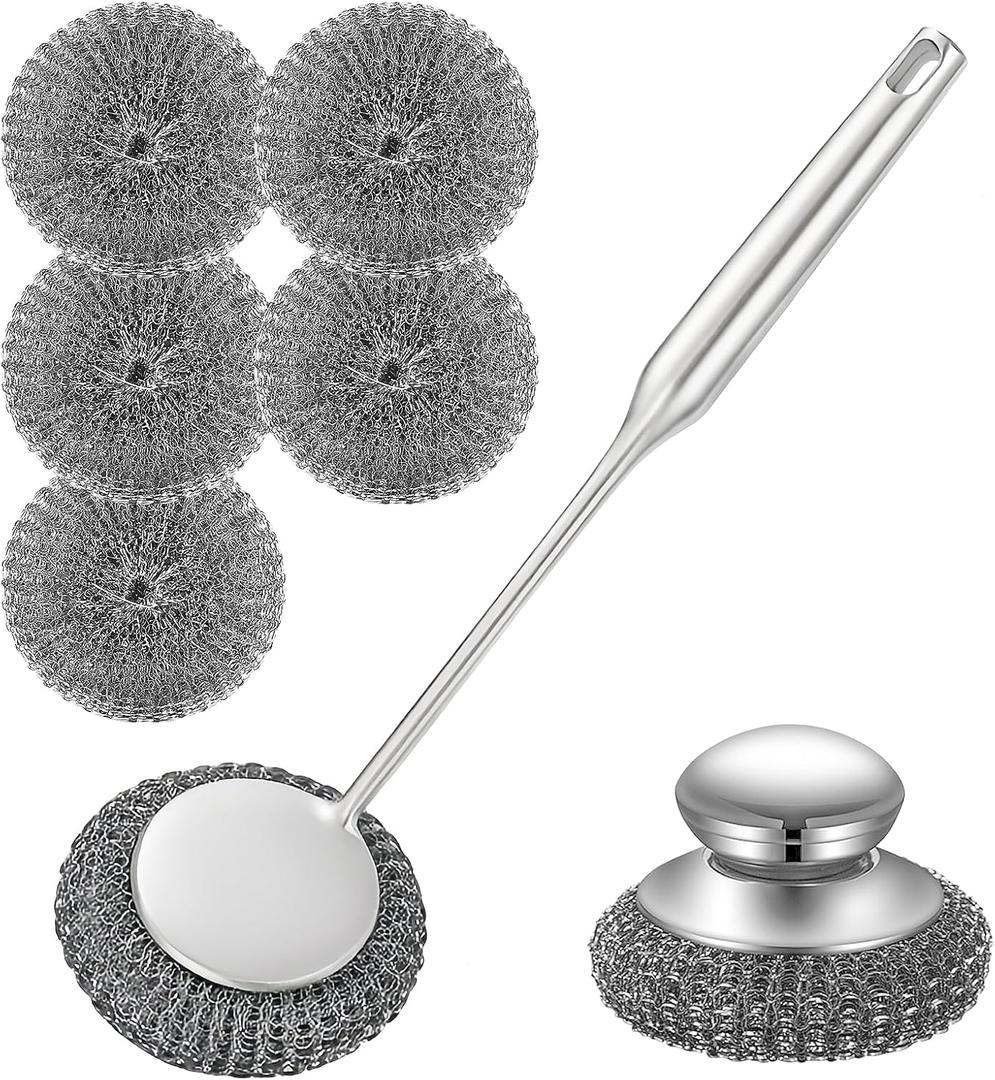 Heavy Duty Stainless Steel Scrubber Set - Long & Short Handle with 5 Steel Wool Pads, Cast Iron & Pot Scrubber for Dishes, Pans, Grills, Stoves