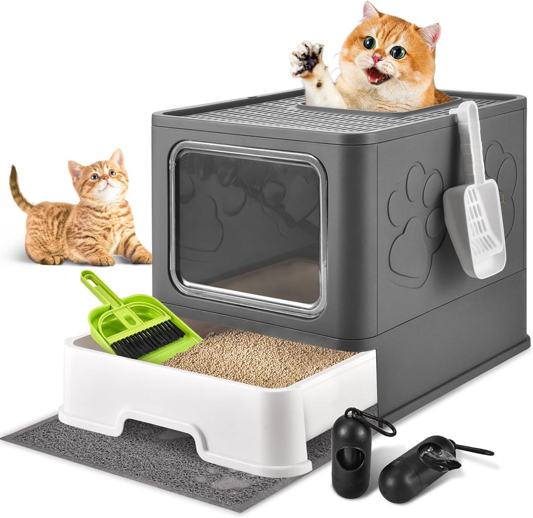 Cat Litter Box with Litter Mat, Foldable Extra Large Free in and Out/One-Way with Lid, Drawer Type Enclosed Kitty Litter Box,Odor Control Anti-Splashing Easy Cleaning (Dark Grey)