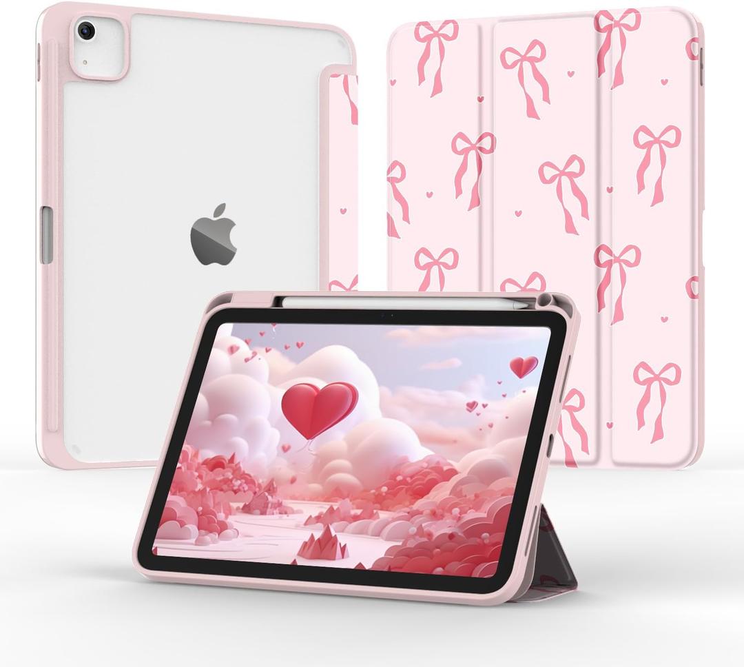 Jarviwiin Case for iPad Air 11 Inch M3/M2 2025/2024, iPad Air 5th/4th Generation 10.9" 2022/2020, TriFold Folio Auto Wake/Sleep Cover with Clear Back/Pencil Holder for Air 5 4 (Bow Pink)