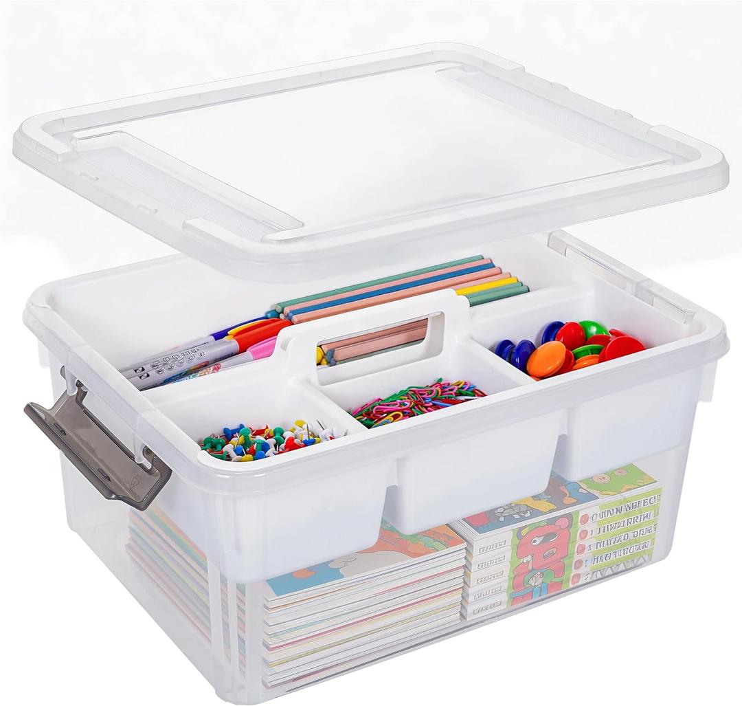 Citylife 17 QT Plastic Storage Bins Clear Storage Box with Removable Tray Stackable Latching Box with Handle for Organizing Tool, Craft, Office, Orange
