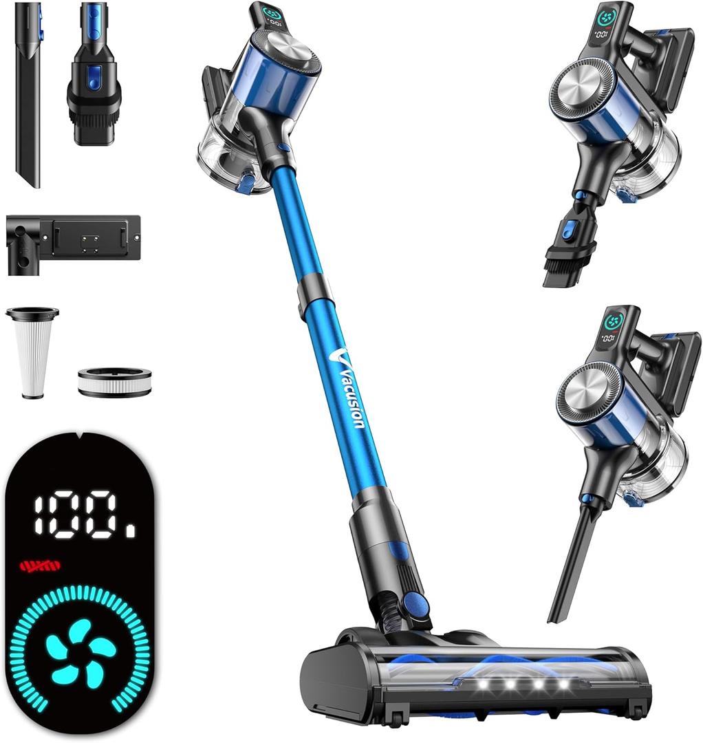 Cordless Vacuum Cleaner, 8-in-1 Cordless Stick Vacuum Cleaner with 3 Suction Modes, Up to 45mins Runtime, Rechargeable, Self-Standing, Wireless Vacuum Cleaners for Home Pet Hair Carpet Car Hard Floor (Blue)
