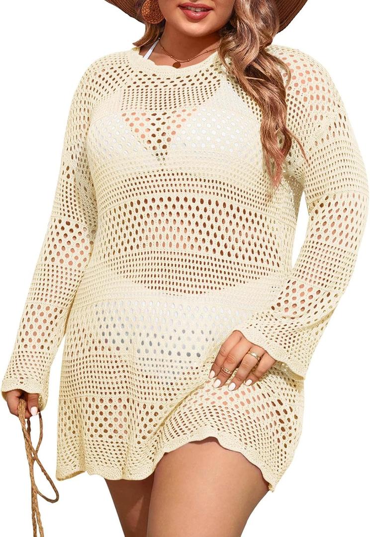 Beautife Womens Plus Size Swimsuit Cover Up Crochet Long Sleeve Mesh Knit Crew Neck Beach Coverup Dress (Beige)
