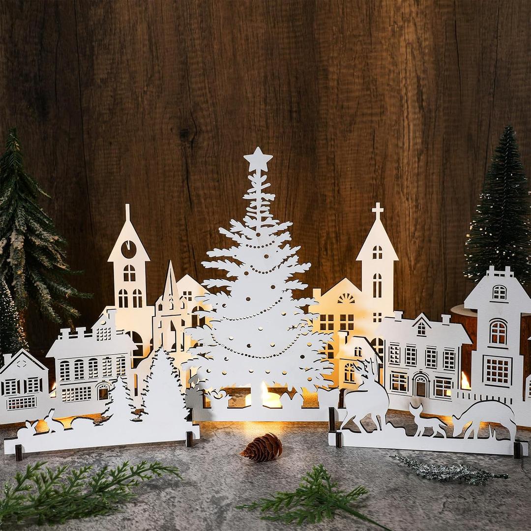 Amyhill 6 Pcs White Christmas Village Set Wooden White Houses Christmas Decor Xmas Village Tree Elk Silhouette Cutouts Holiday Indoor Decoration for Fireplace Mantel Farmhouse Table Centerpieces