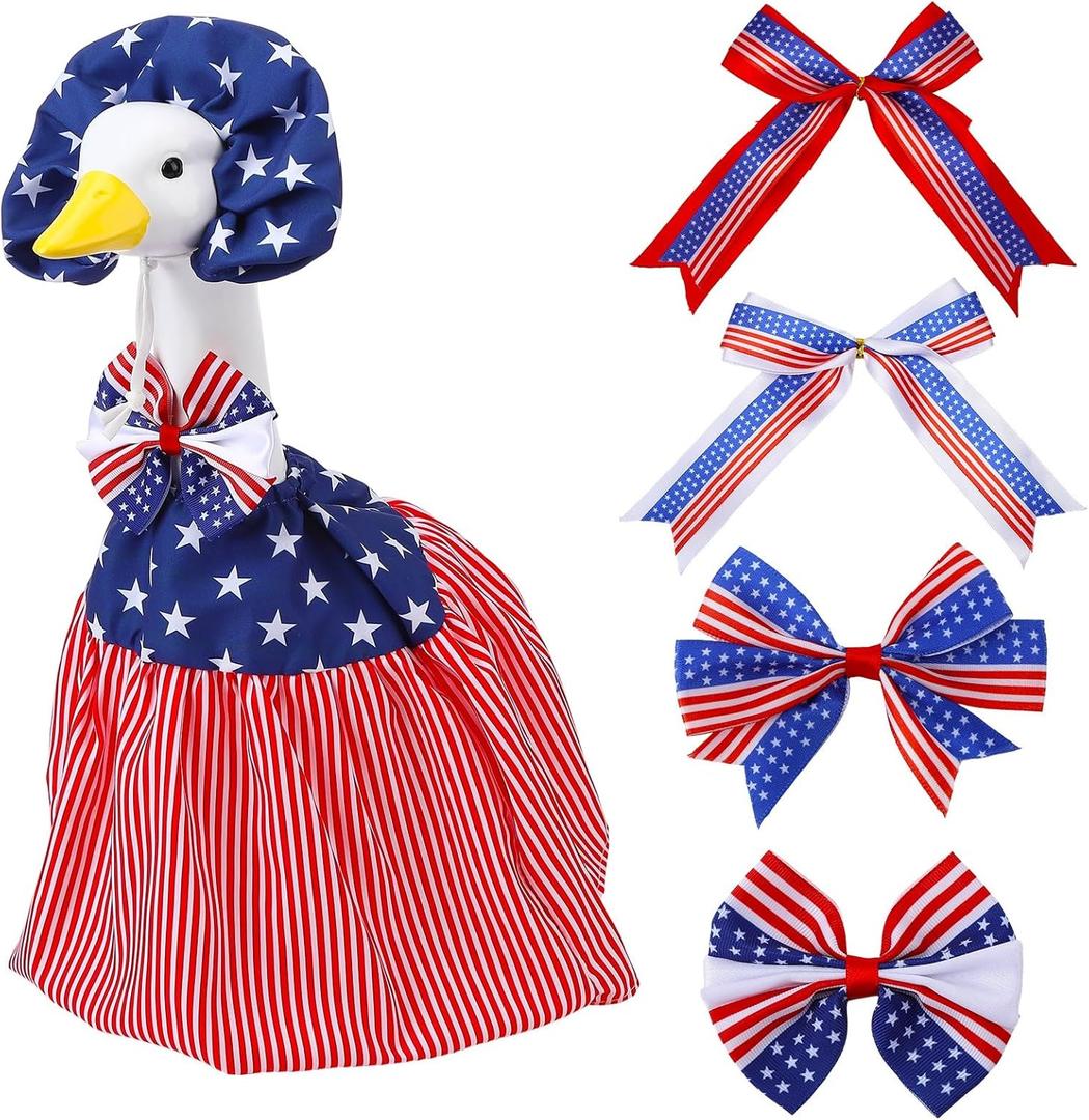 Independence Day Porch Goose Outfit With 4 Bows - Patriotic Costume for 23"/ 17'' Lawn Geese, 4th July Porch Goose Decor With Red White Blue Garden Clothing Accessories