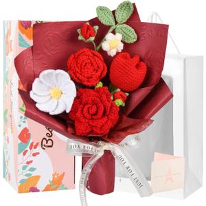 Crochet Flower Bouquet Red Handmade Crochet Flowers, Romantic Gift for Her, Knitted Floral Bouquet with Gift Box Bag and Card
