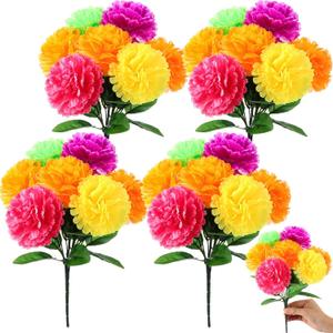 Zeyune 4 Pcs Artificial Marigold Flowers Bunch Day of The Dead Fake Marigold Bulk Silk Bushes Dia de Muertos for Day of The Dead Decoration Fake Orange Halloween Flowers for Party Wedding (Orange)