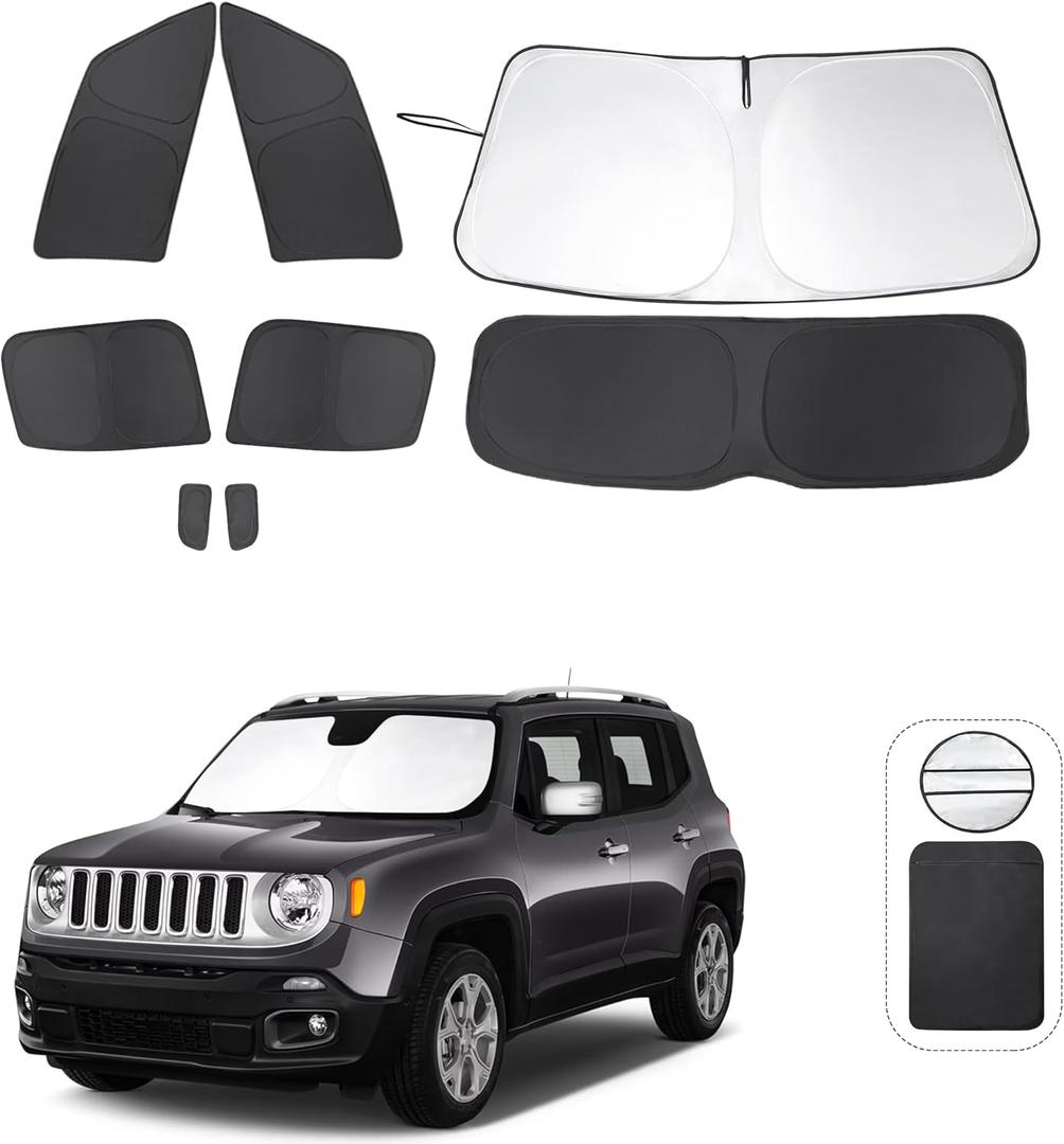 TINGLU Window Shades for Jeep Renegade 2015-2024 Accessories Car Side Full Windows Rear Triangular Windshield Sun Shade Sun UV Rays Privacy Protection for Camping Napping 8PCS