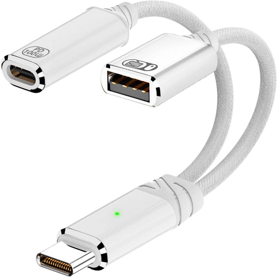 USB C to USB OTG Cable and Charger Adapter, 2-in-1 USB-C Splitter with 100W Fast Charging for iPhone 16/15 Series, iPad, MacBook, Galaxy S24/S23 and More (White)