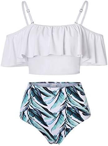 Kaei&Shi High Waisted Flounce Bikini Set,Tummy Control Swimsuits for Women,Off Shoulder, White XXX-Large