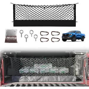 Muslogy Truck Bed Cargo Net Trunk Netting Compatible with Ford Ranger 2024 2025 2026 Accessories, Pickup Cargo Organizer SUV Sedan Storage Net w/Heavy Duty Carabiners