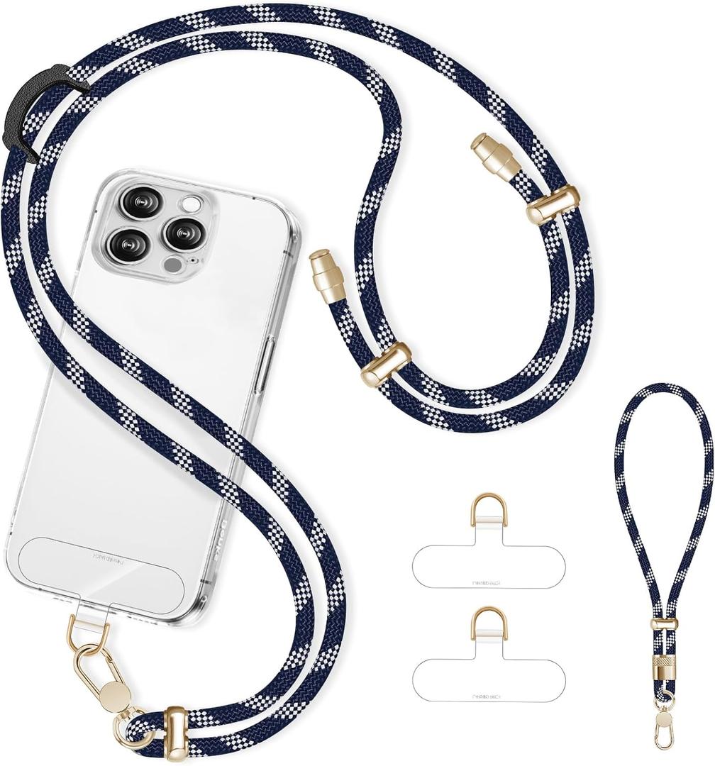 Cell Phone Lanyard Adjustable Crossbody Phone Lanyard *1 Phone Wrist Strap *1 with Deluxe Gold Matal Buckle + Clear Tether Tabs *2 for Shopping Travelling Blue White