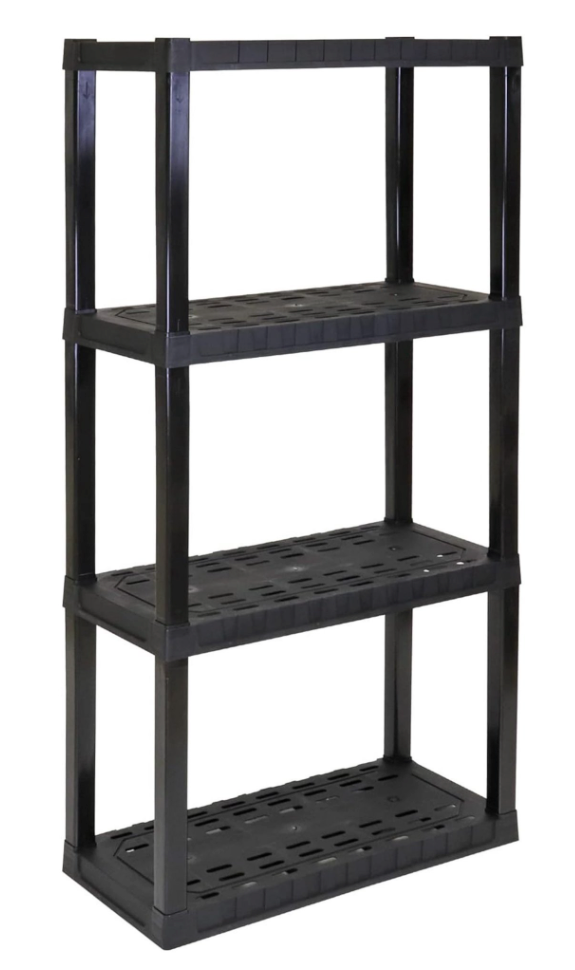 4 Tier Oskar Storage Shelves - Bathroom Wall Organizer, Kids Room Toys Book Shelf, No Drill Heavy Duty Industrial Display, Kitchen Closet Garage Outdoor Stackable Plastic Shelving Unit Black