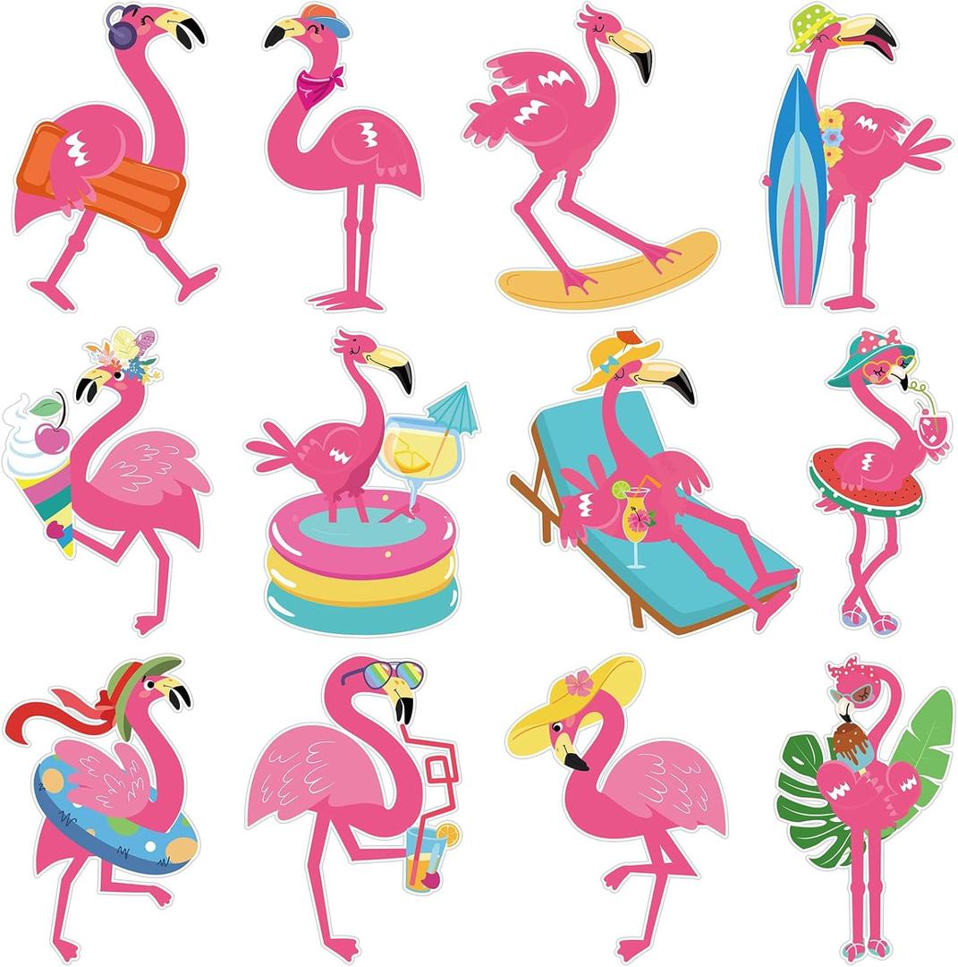 Cholemy 200 Pcs Flamingo Theme Party Decor, Summer Pink Flamingo Cutouts with 400pcs Glue Point Hawaiian Theme Paper Cutting for Bulletin Border Decor Birthday Party Supplies