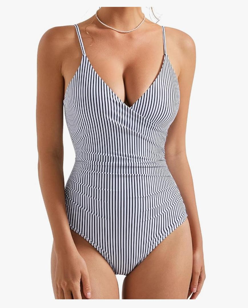 SUUKSESS Women Sexy Wrap Push Up One Piece Swimsuit Tummy Control Bathing Suit,  Medium, White Black Striped 