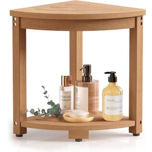 Waterproof Corner Shower Stool for Inside Shower, Poly Lumber Shower Bench Seat Chair, Bath Shower Stool for Shaving Legs Foot Rest with Storage Shelf, Adjustable & Non-Slip Feet, Teak Brown