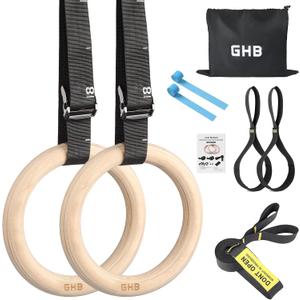 GHB Gymnastic Rings Wooden Gym Rings 1.25" Olympic Rings Adjustable Straps Pull Up Rings Sets for Workout Bodyweight Fitness Training
