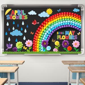 Blosssound Spring Bulletin Board Decorations April Showers Bring May Flowers Decorations 3D Spring Flower Rainbow Cutouts with Paper Flowers Blackboard Wall Decals for School Home Party Decor