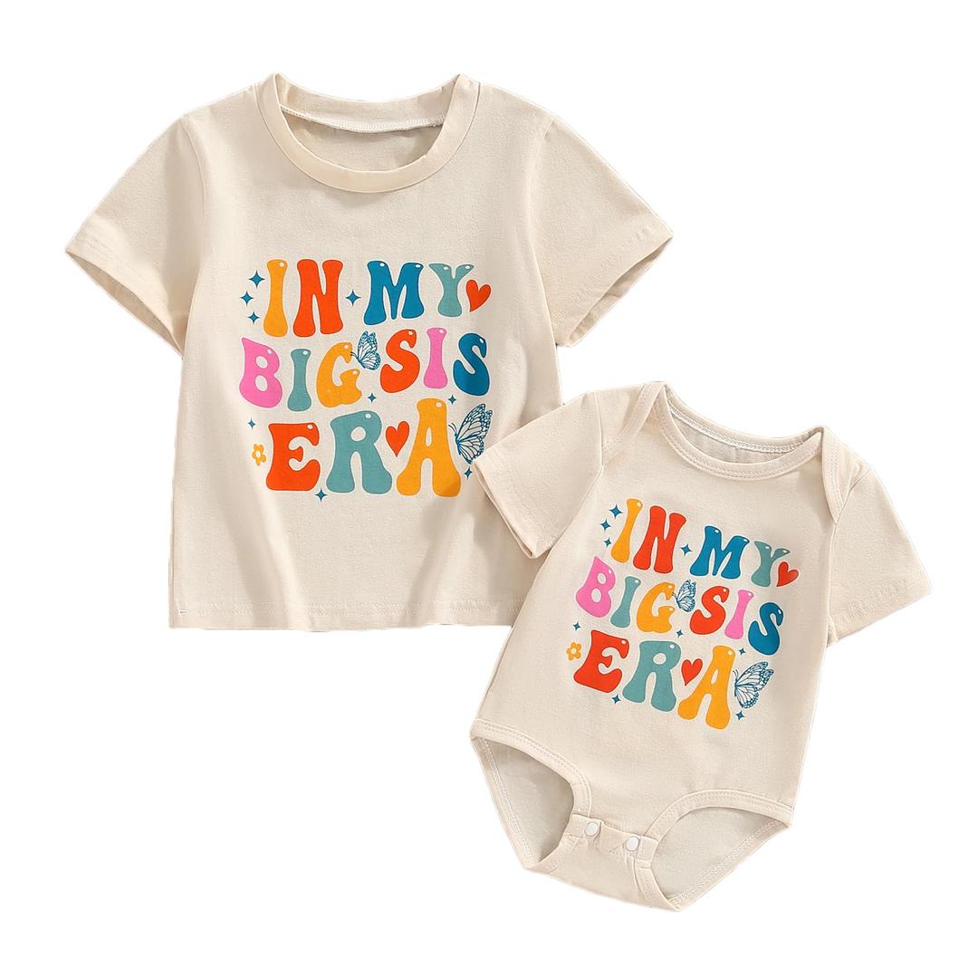MERSARIPHY Big Sister Little Sister Matching Outfits Toddler Baby Girl Short Sleeve Romper T Shirt Sibling Summer Clothes Set (Beige, Kid 1-2T/Baby 0-3M)