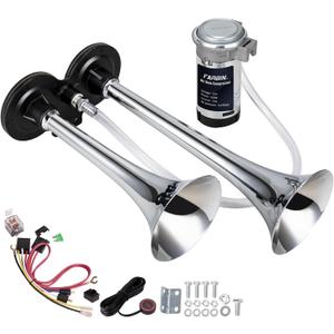FARBIN Air Horn 24V Super Loud Car Horn, Chrome Zinc Dual Trumpet with Compressor, Wire Harness and Switch, for Any 24V Vehicles Trains Boats Vans Buses (Silver)