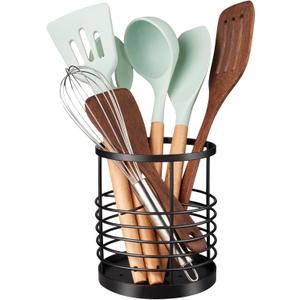 RedCall Utensil Holder for Kitchen Countertop,Metal Spatula Holder,Cooking Utensil Holder for Spoon,Wire Utensil Organizer,Stainless Steel Round Utensil Caddy Crock Flatware Storage Counter (Black)