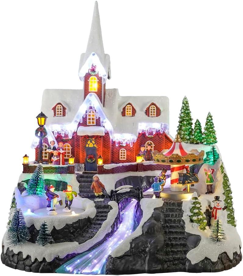 15" Christmas Village Church House - Animated Winter Scene with Turning Skaters, Rotating Carousel, Fiber Optic Lights, and Music for Christmas Home Decor Gift - Adapter Included