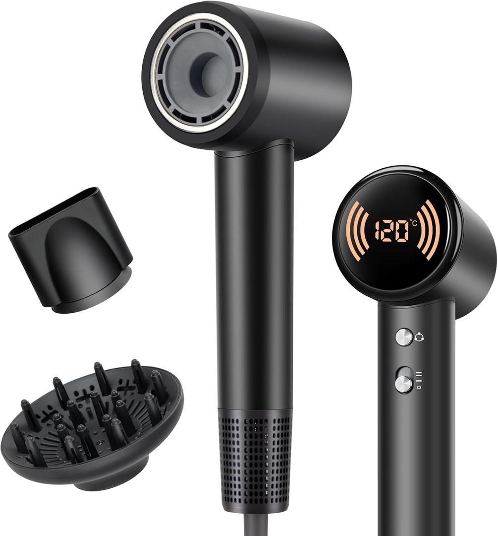 Hair Dryer,Travel Hair Dryer with Diffuser,110000 RPM High Speed Ionic Blow Dryer,Temperature Display,Low Noise&Lightweight Blow Dryer,Fast-Drying,No Heat Damage,Suitable for All Hairstyles(Black)