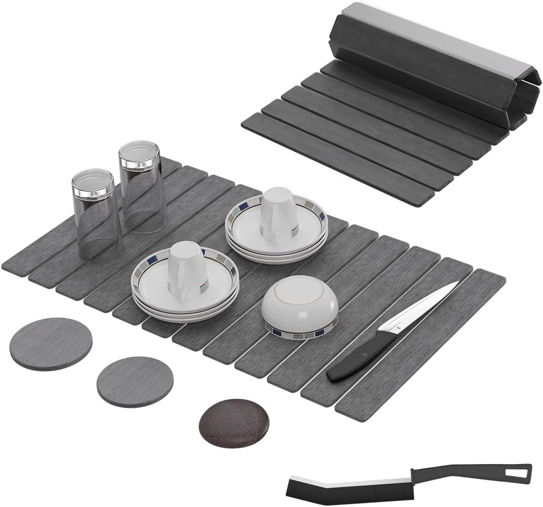 Premium Stone Dish Drying Mat  Large Foldable Kitchen Counter Mat, Super Absorbent Diatomaceous Earth with Coasters, Brush & Anti-Slip Pad  Fast Drying, Dark Gray (24" x 15.3")