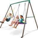 Trekassy 440lbs Swing Sets for Backyard - 2 Seat Outdoor Kids Playset with Saucer & Belt Swing, Heavy-Duty A-Frame Metal Stand for Backyard Playground - Green and Brown (Patented)