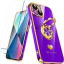 Compatible for iPhone 13 Case with 2 Pack Screen Protector, 360 Rotatable Ring Holder [Luxury Hearts Pattern] Plating Gold Edge Slim Soft Phone Cover Case for iPhone 13 - Neon Purple