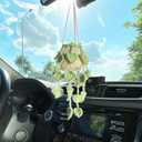 Plant Car Accessory, Crochet Plant, Knitted Fake Plant Decor, Woven Cute Charms Ornament Pendant, Crocheted Plant in Hanging Pot, Crochet Car Decor, Crochet Leaves Plant for Rear View Mirror (Mint Green)