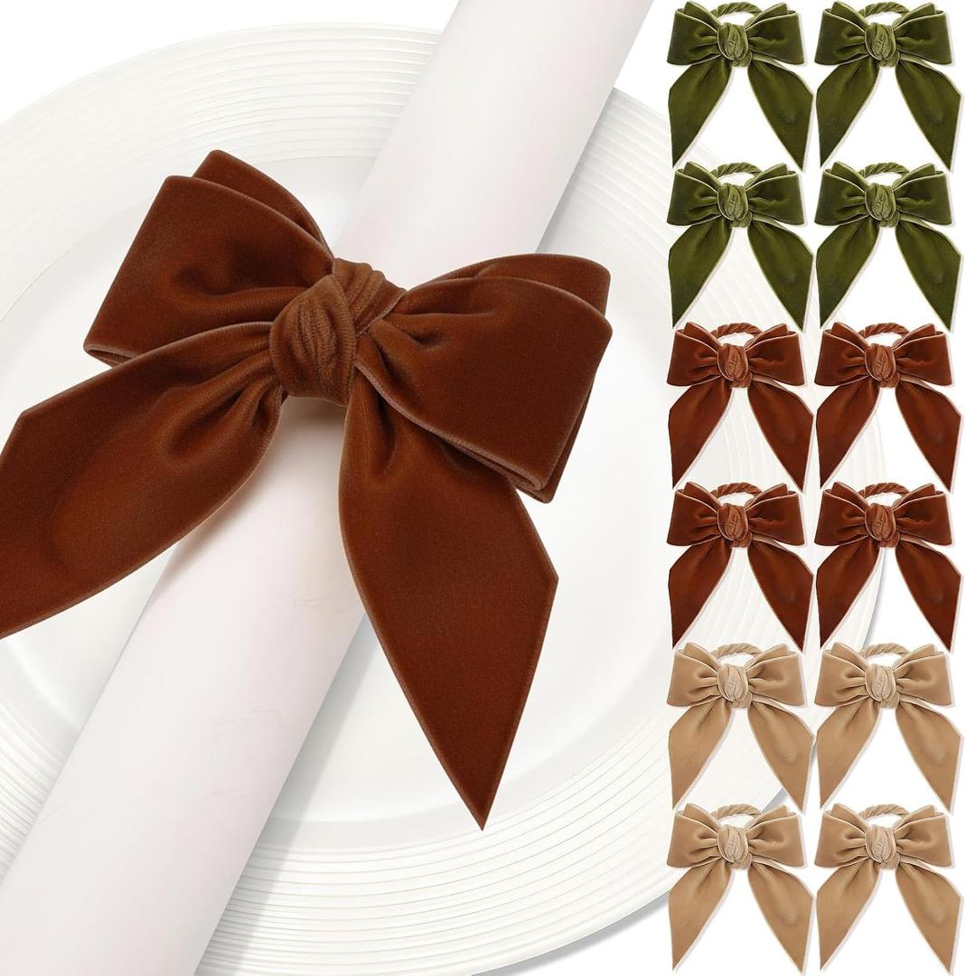 WILLBOND 12 Pack Velvet Bow Napkin Rings, Christmas Bowknot Napkin Holder Ring Dining Table Decor for Xmas Dinner Parties Holiday Wedding Home Table Setting(Brown, Green, Beige)