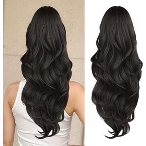 CHRSHN Ponytail Extension, Drawstring Ponytail Extension for Women 23 Inch Long Dark Brown Wavy Pony Tails Hair Extensions Synthetic Clip in Ponytail Hairpiece for Women