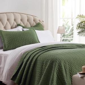 SunStyle Home Twin Quilt Bedding Set Olive Green, Lightweight Comforter Bedspread Blanket, Twin Size Quilt, Luxury Quilted Stitching Coverlet with 1 Pillow Sham in Leaf Embroidered Pattern 2pcs Kids