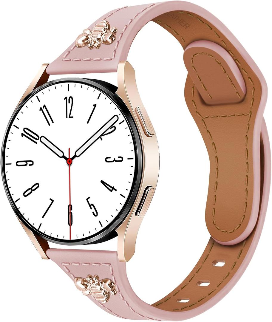 Newlibery Slim Leather Band with Charms Compatible with Samsung Galaxy Watch 7/6/5/4/FE/Active2 40mm 44mm/6 Classic 43mm 47mm/5 Pro 45mm/4 Classic 46mm 42mm,Top Genuine Dressy Leather Strap 20mm Women
