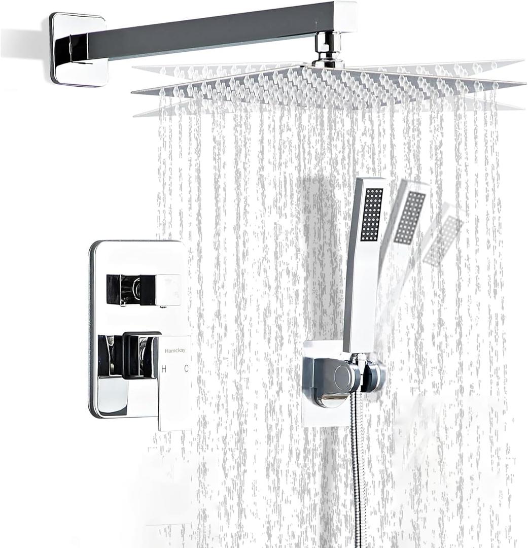 8 Inch Polished Chrome Shower Faucet Set with Rain Shower Head and Handheld Spray, Wall Mounted Rainfall Shower Head with Handheld Combo, Bathroom luxury Shower System with Valve and Trim