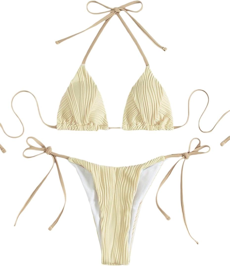 GORGLITTER Women's High Cut Swimsuit Triangle Halter Tops Tie Side Thong Bikini Set Textured Bathing Suit (Khaki) S