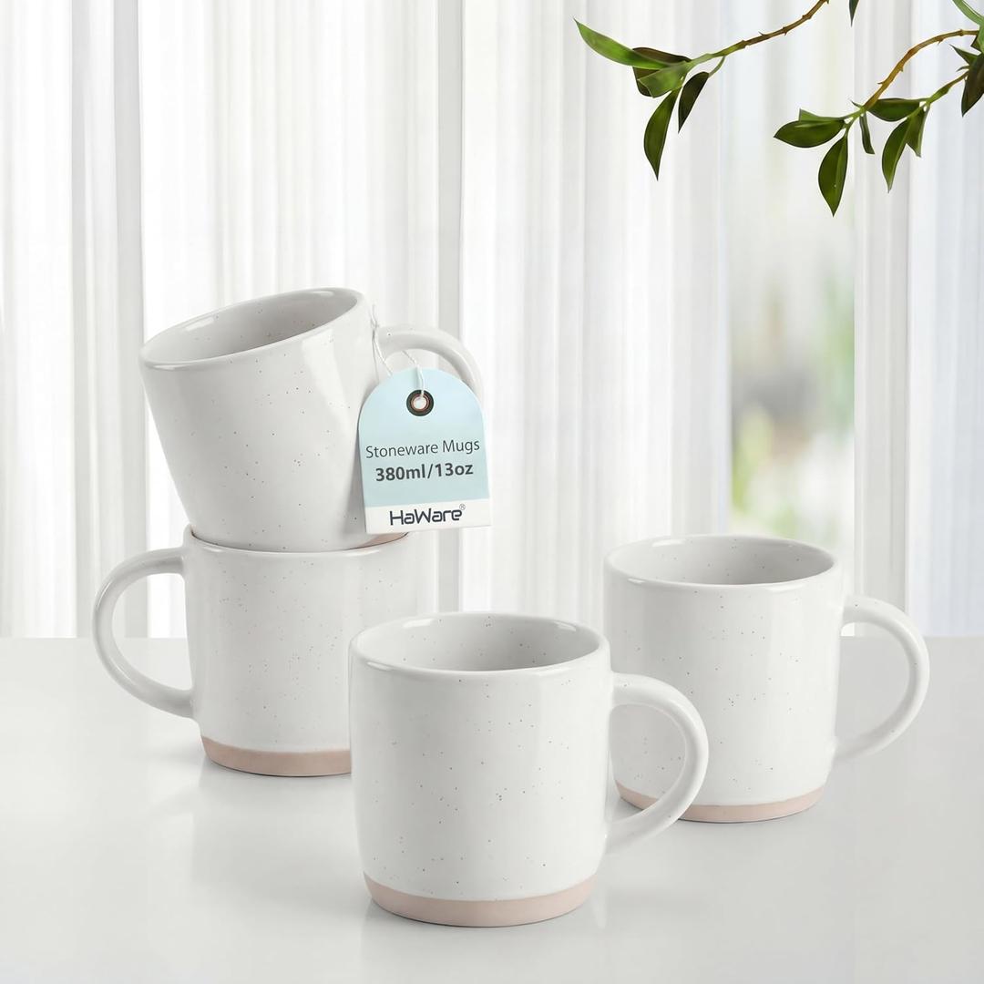 HaWare 13OZ Coffee Mugs Set of 4, Stoneware Coffee Cups, Ceramic Latte Mug for Man, Woman, Dad, Mom, Modern Tea Mugs for Latte/Cappuccino/Cocoa/Milk, Dishwasher& Microwave Safe, Speckled Milky White