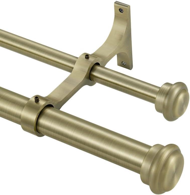 Antique Bronze Double Curtain Rods 36-72", "Double Window Rods with End Cap Finials, Adjustable 1-Inch Front and 5/8 Inch Back