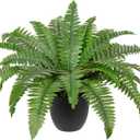 Hollyone 17.7" Fake Fern Potted Plant Small Artificial Boston Ferns in Pot 25 Leaves for Outdoors & Indoor Faux Fern Bush Plant for Patio Garden Farmhouse Windowsill Office Living Room Home Decor