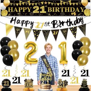 27pcs 21st Birthday Decorations for Men,Black Gold 21st Party Decorations,Happy 21st Birthday Banner Honeycomb Hanging Swirls Cake Topper and Balloons Kit Party Supplies