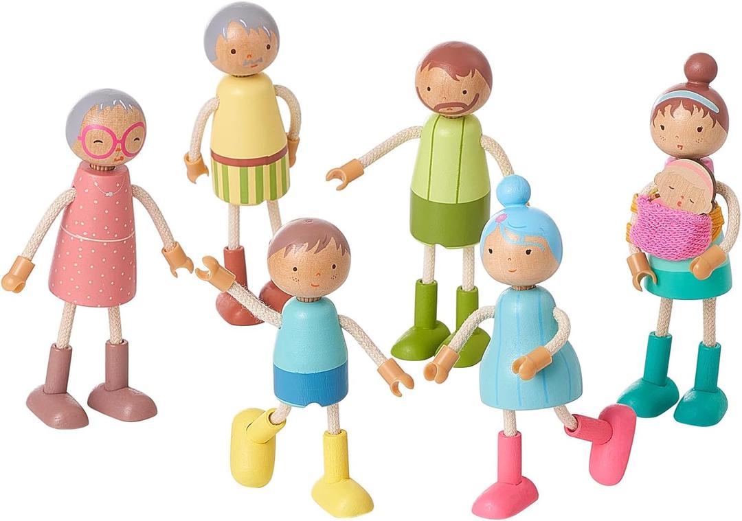 Giant Bean Wooden Family Dolls Set of 7 for Dollhouse, Dollhouse People Miniature Dollhouse Accessories Toy for Boys Girls Kids Pretend Play 3 Years Up
