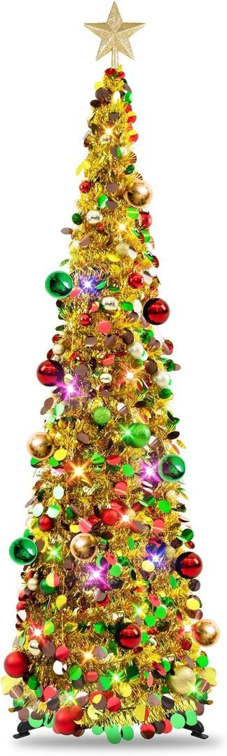 N&T NIETING Pop Up Christmas Tree with Lights, Collapsible Tinsel Xmas Tree Decorations, Pencil Christmas Tree Skinny Tree for Holiday Xmas Home Office Decor, 30 Balls, 5Ft, Gold Mix
