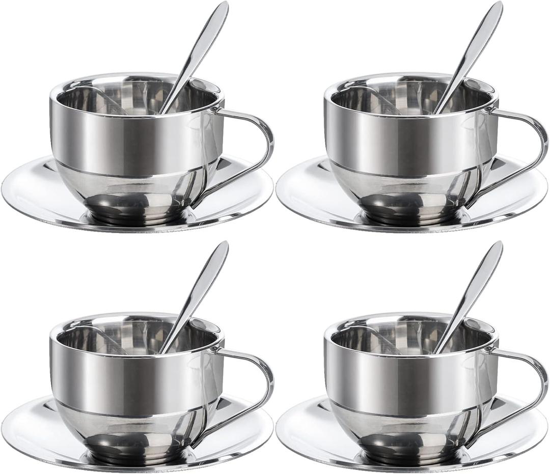 Okllen 4 Pack Stainless Steel Coffee Cup Set, 6 Oz Coffee Mugs with Spoon and Saucer, Double Walled Espresso Cups Mugs for Coffee, Latte,Tea, Milk