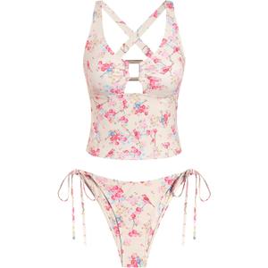 ZAFUL Womens Tankini Swimsuits Two Piece V Neck Tummy Control Bathing Suit (Beige)