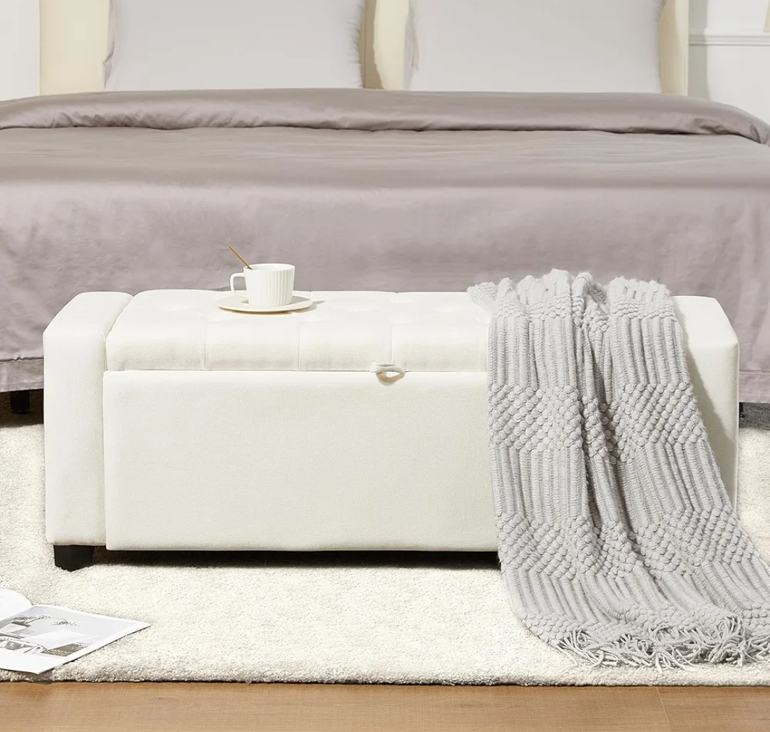 Chilihom Ottoman Bench with Storage for Living Room，Large Upholstered Ottoman Foot Rest with Seating for Bedroom End of Bed，Entryway Shoe Bench，Linen Beige